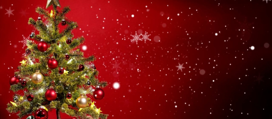 Juletre ved rød vegg.