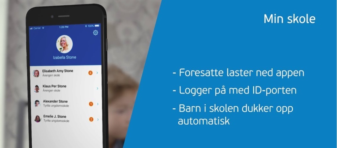 Todelt bilde med mobil på den ene siden og informasjon om Visma Foresatt på den andre siden.