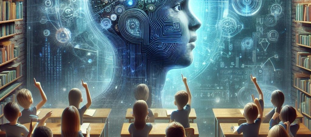 Foto av en skoleklasse sittende foran en stor skjerm som illustrerer kunstig intelligens.